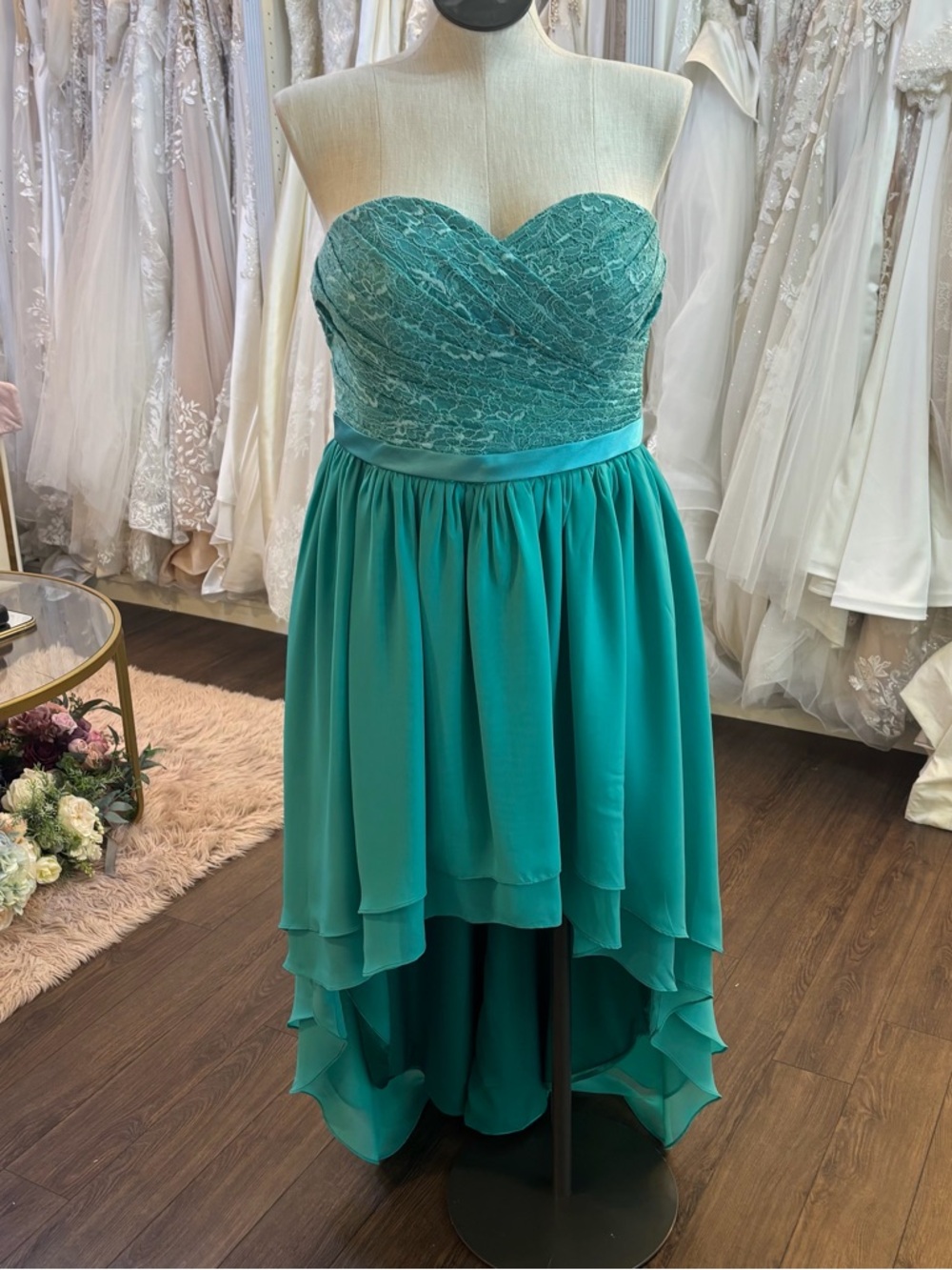 Strapless Lace High-Low Dress in Teal